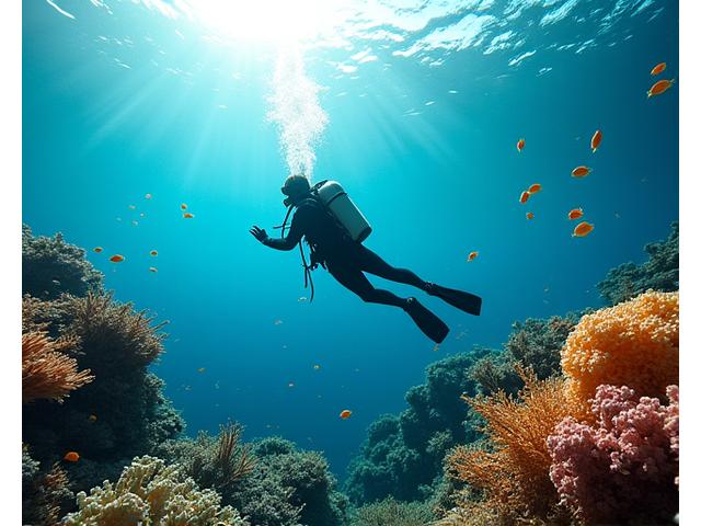 Dykker der udforsker marineliv under vand.