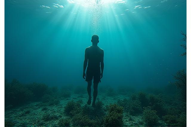 En person der dykker roligt under vandet, omgivet af en frodig havbund.